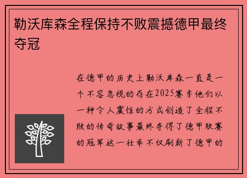 勒沃库森全程保持不败震撼德甲最终夺冠